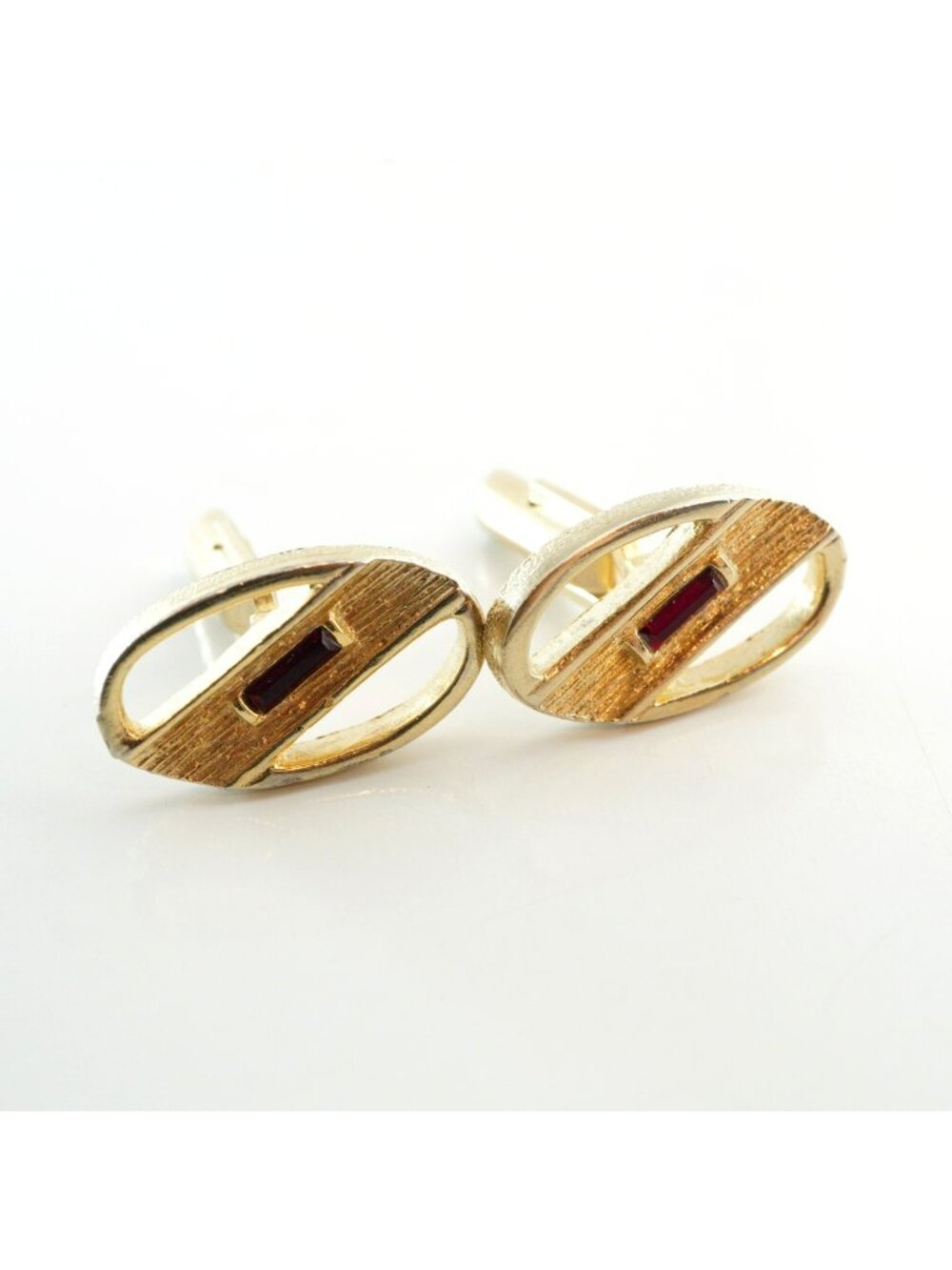 Vintage Swank Gold-Tone Oval Cufflinks With Red Rhinestone